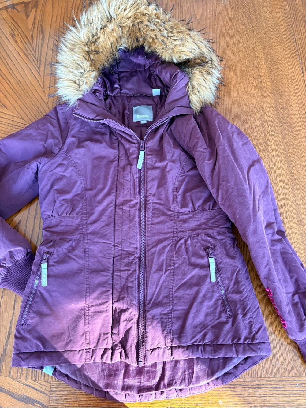 Bench Wine Red Hooded Jacket with Faux Fur Trim